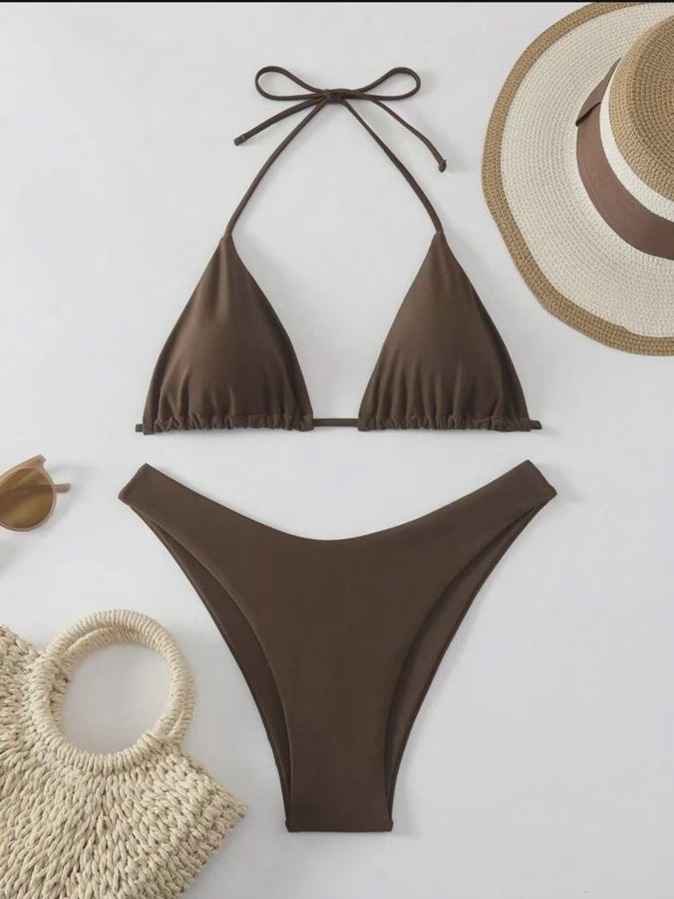 Dames Bikini Thong - Sexy Braziliaanse Stijl met Halter en Vetersluiting - Verkrijgbaar in Wit, Zwart & Koffie