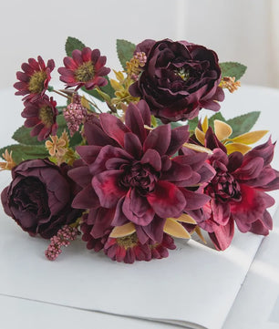 Kunstboeket Dahlia Rozen Madeliefjes - Zijde Bloemen voor Feestelijke Decoratie