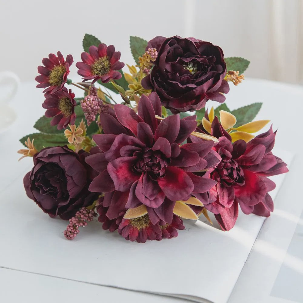 Kunstboeket Dahlia Rozen Madeliefjes - Zijde Bloemen voor Feestelijke Decoratie