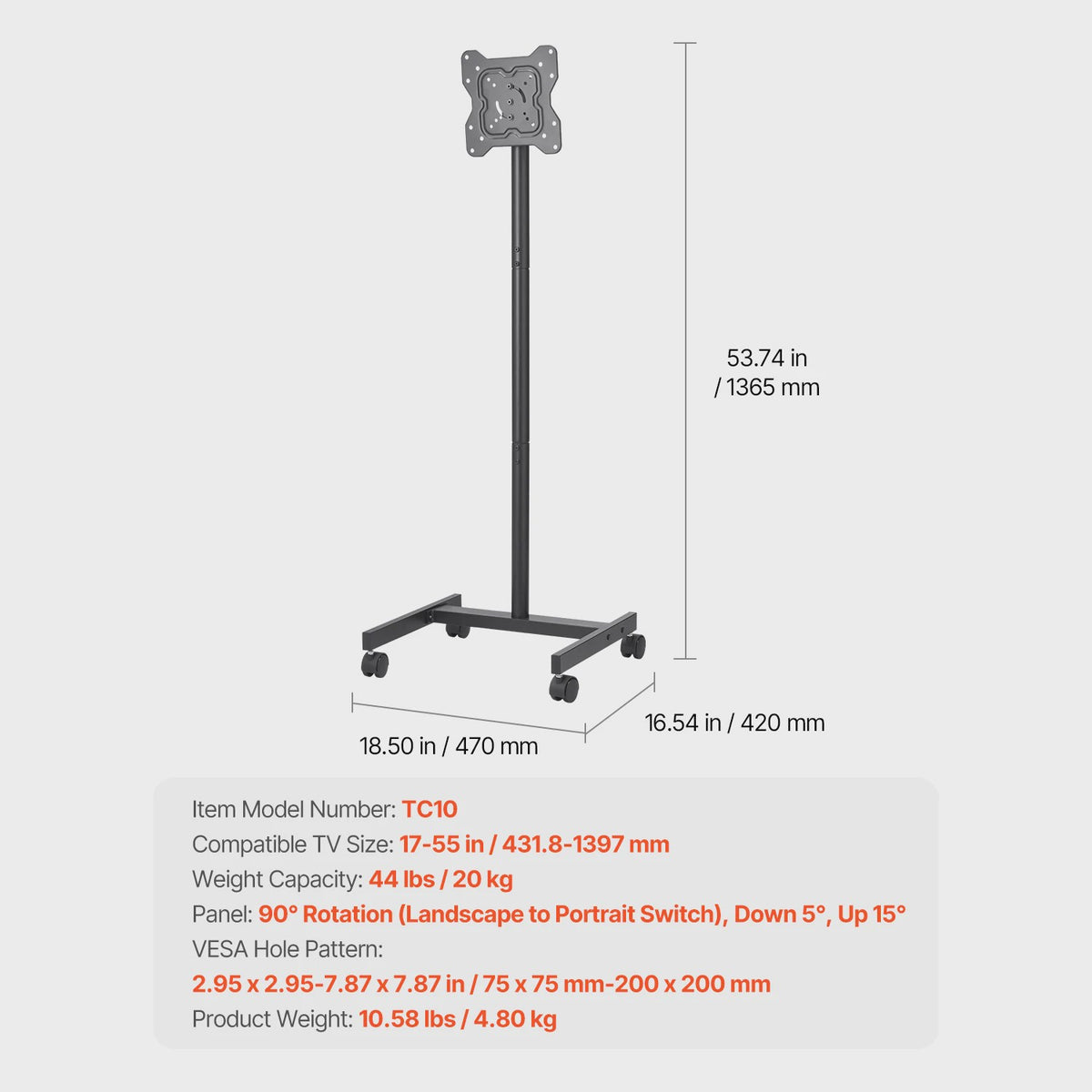 Mobiele TV Standaard met Wielen - Verrijdbaar TV Meubel voor Diverse TV Maten