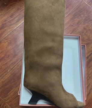 Dames Laarzen met Peep-toe, Hoge Schuine Hak en Kniehoge Schacht - Zomer/Lente Collectie