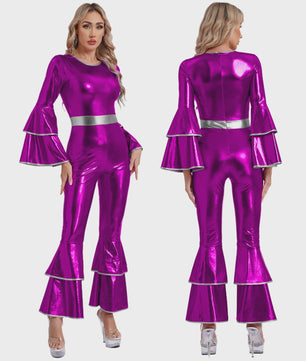 Dames Jumpsuit 70s Disco Metallic Met Wijde Pijpen en Flare Mouwen