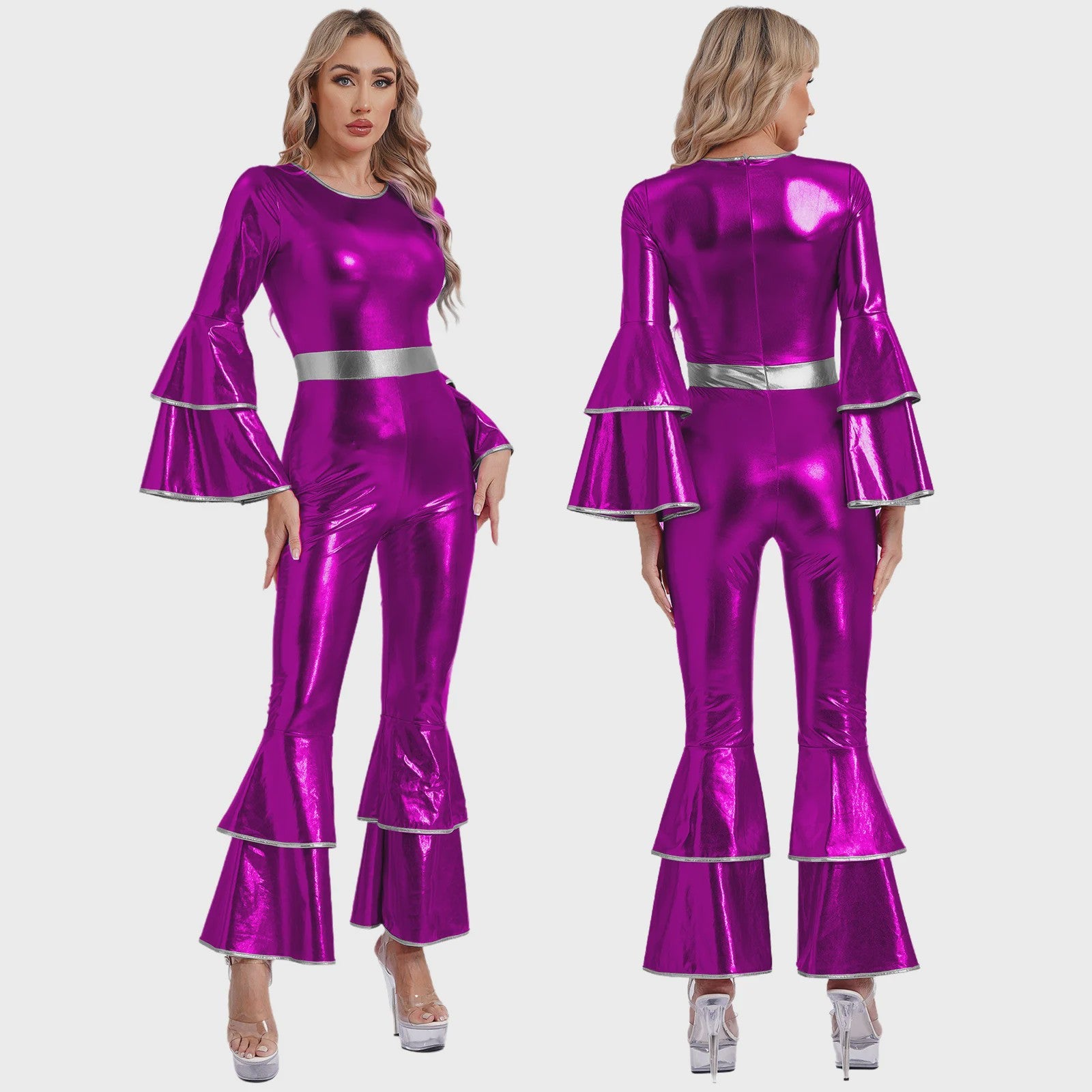 Dames Jumpsuit 70s Disco Metallic Met Wijde Pijpen en Flare Mouwen
