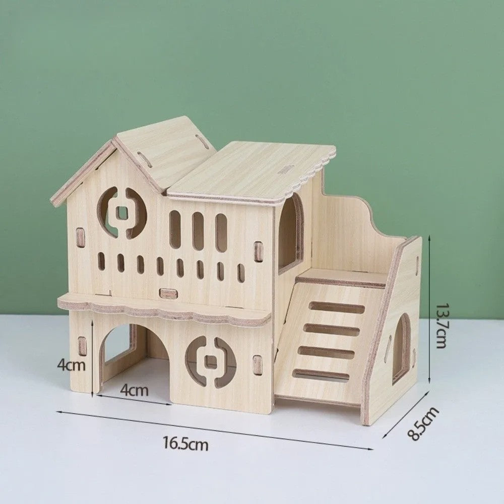Houten Hamster Villa: Speelhuis met Klimplatform en Verhoogd Platform - Duurzaam Knaagdier Accessoire
