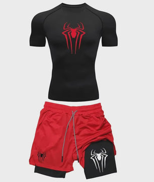Heren Sport Set: Compressie T-shirt & Short met Spider Print