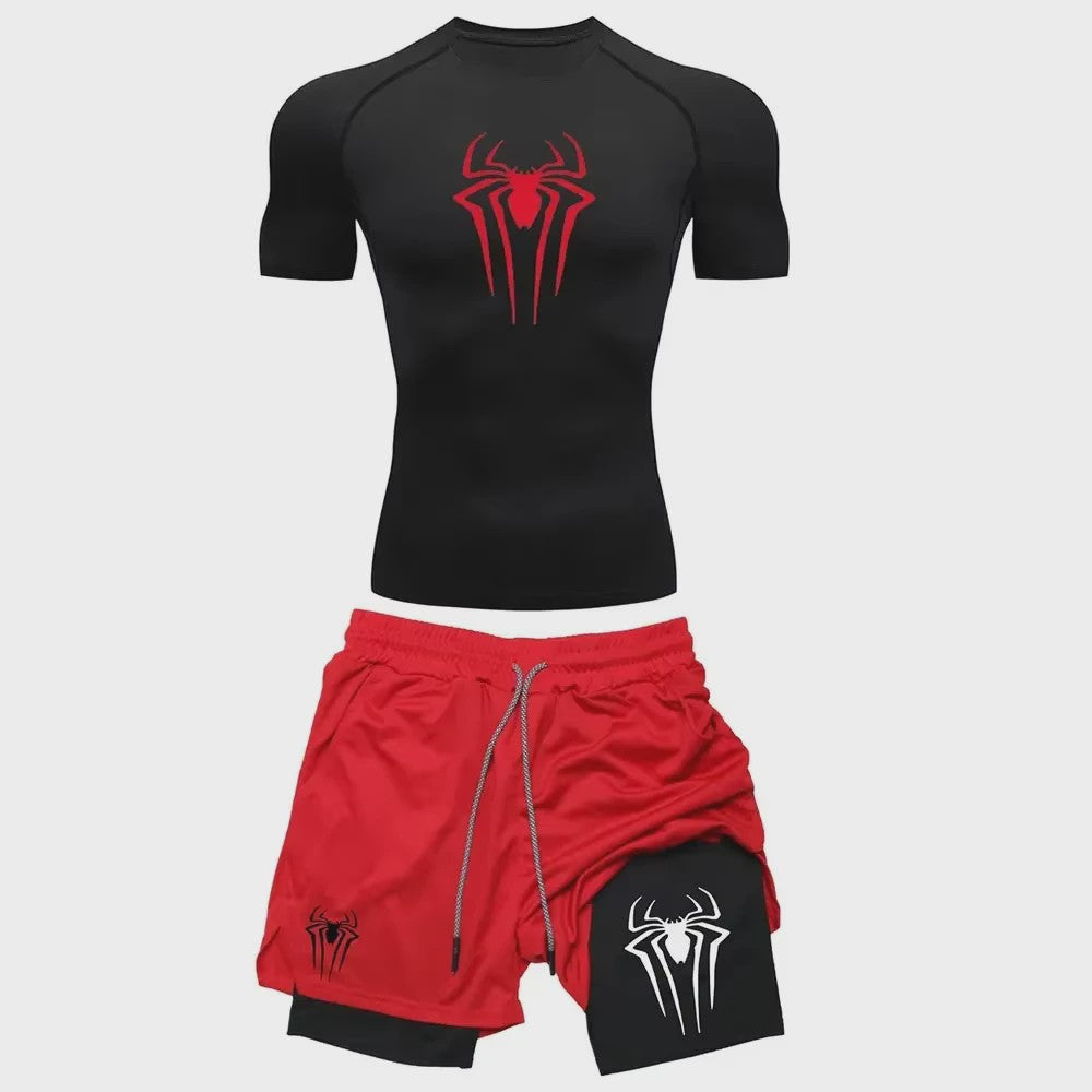 Heren Sport Set: Compressie T-shirt & Short met Spider Print