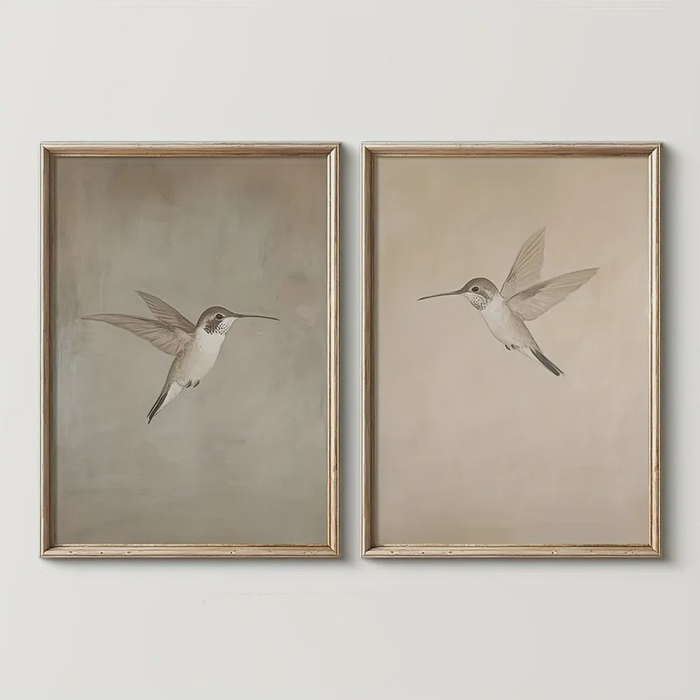 Set van 2 Frameloze Retro Kolibrie Canvas Posters - Landelijke Stijl Wanddecoratie