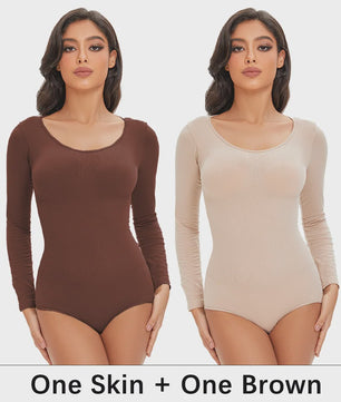 POKARLA Spandex Elastic Body Suit Shapewear Women Body Shaper Tummy Control Long Sleeve Open Crotch Round Neck Seamless Shapers