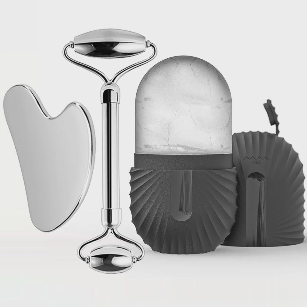 Gezichtsroller & Gua Sha Set: Luxe Roestvrij Staal & IJsroller voor Huidverzorging