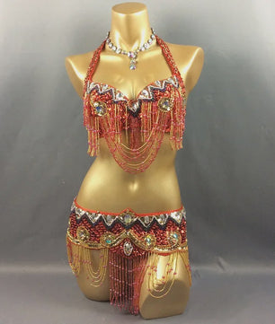 Dames Buikdans Set: Luxe Beaded Bh & Heupsjaal met Franjes
