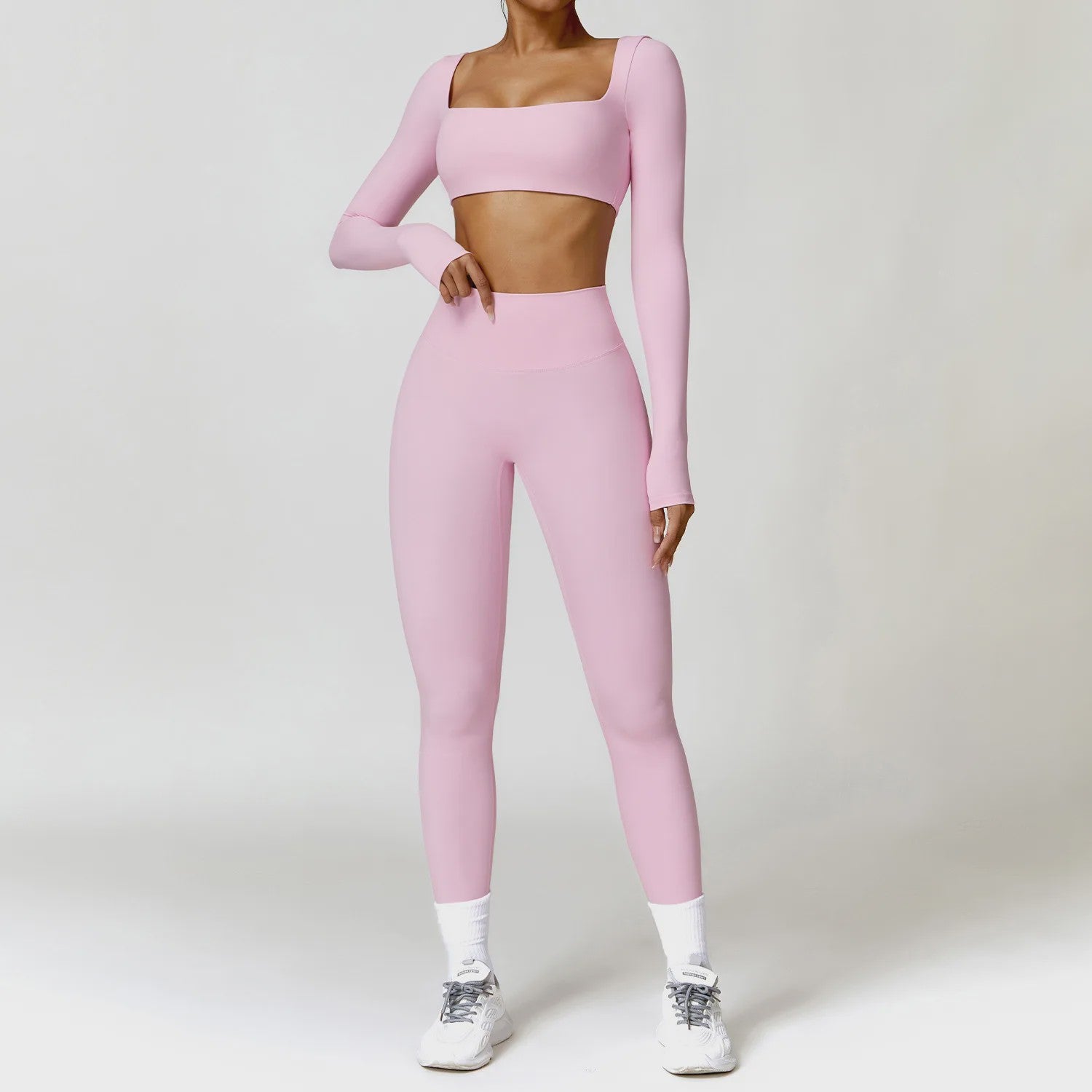 Dames Yoga Set 2-Delig: Sneldrogend Sportpak met Lange Mouwen Top en Hoge Taille Shorts
