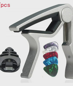 7-delige Gitaar Capo Set met 5 Picks en Houder - Zwart & Zilver