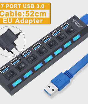 USB Hub 3.0/2.0 met 4 of 7 poorten, individuele schakelaars en LED-indicatoren