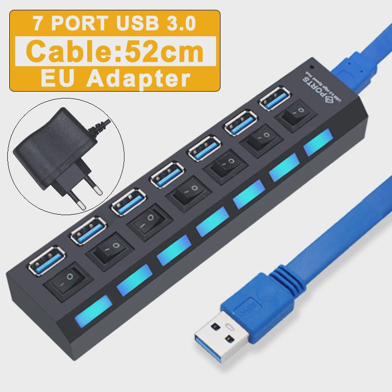 USB Hub 3.0/2.0 met 4 of 7 poorten, individuele schakelaars en LED-indicatoren