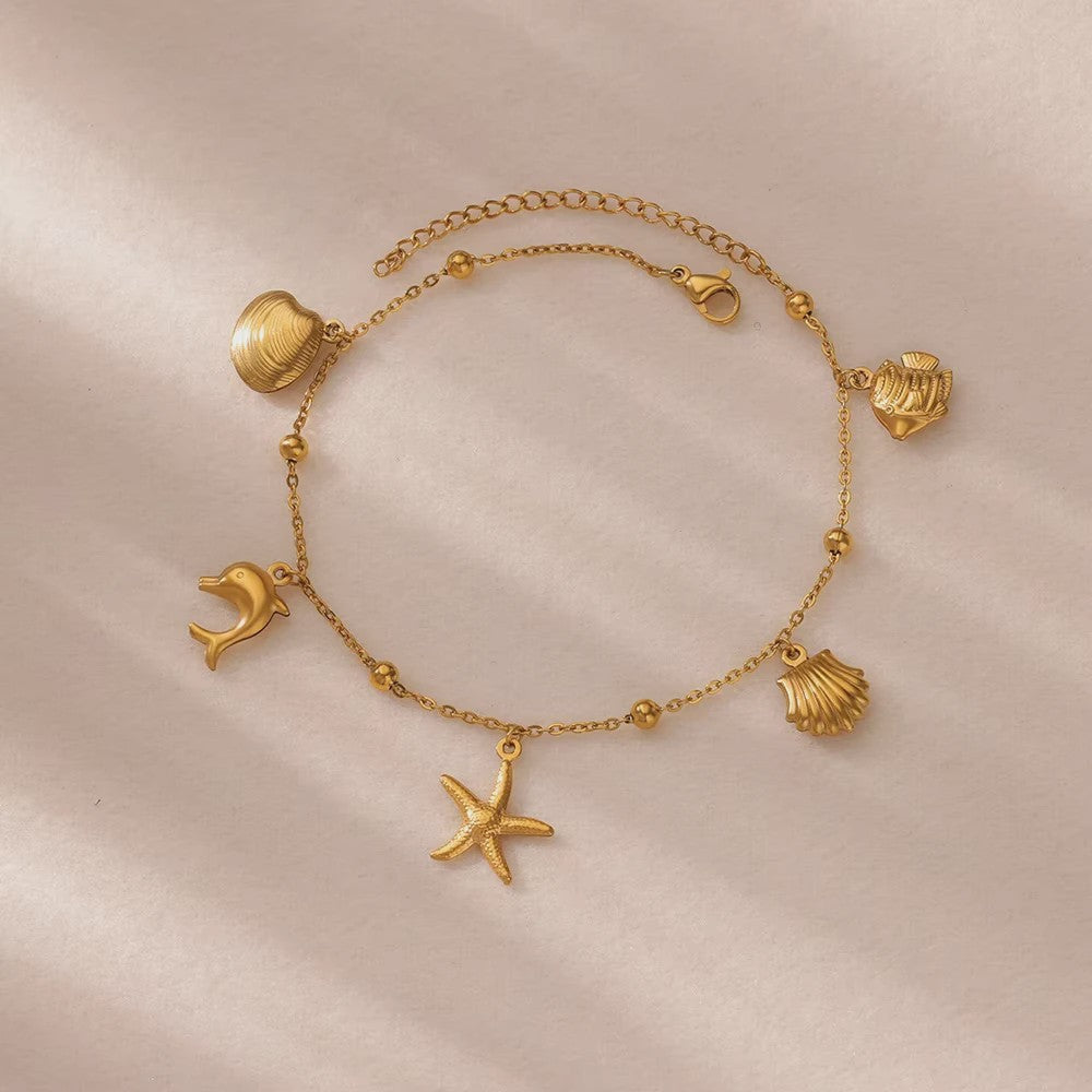 Gouden Anklet met Kralen en Bedels - Roestvrij Staal - Zomerse Strandjuwelen