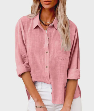 Dames Blouse met Lange Mouwen - Katoen Linnen Look