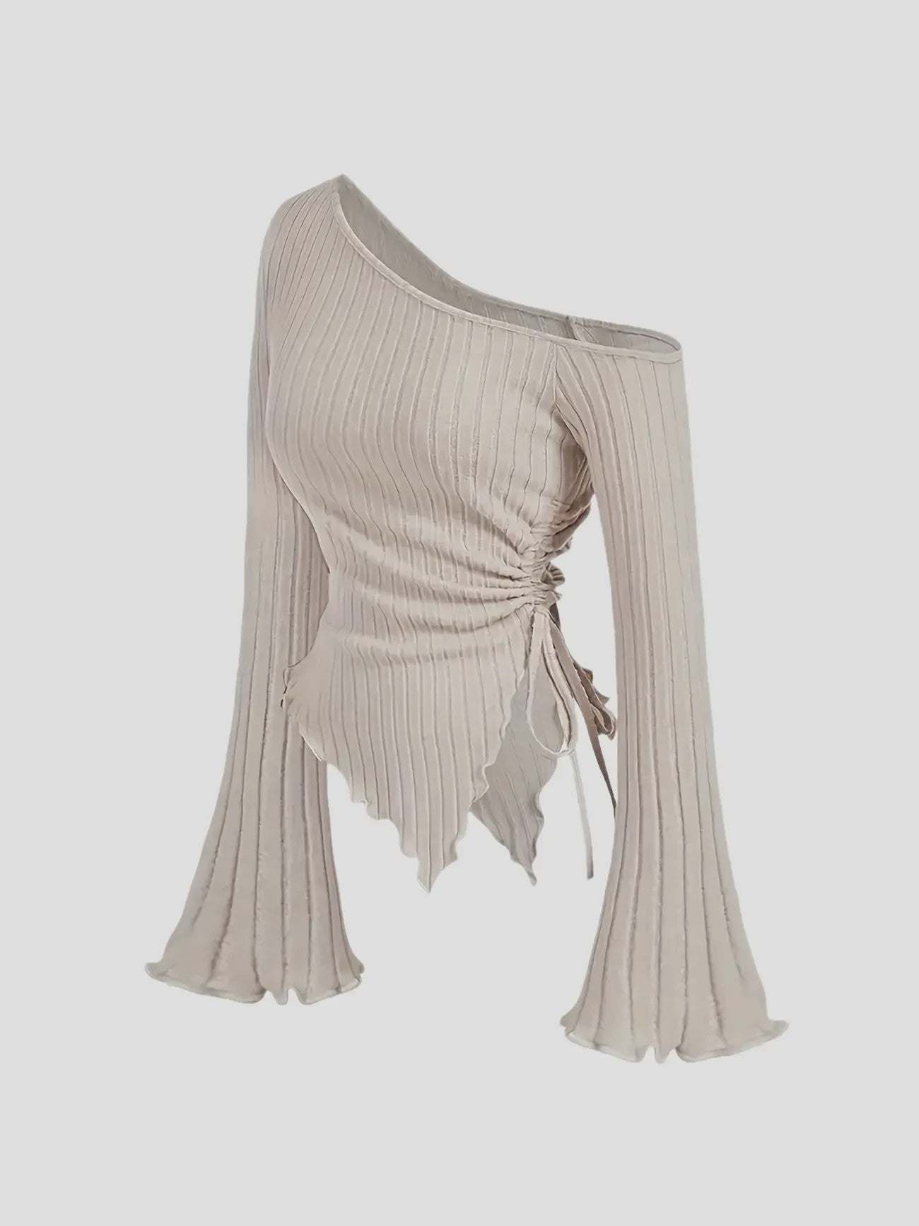 Dames Off-Shoulder T-shirt met Trompetmouwen en Asymmetrische Pasvorm