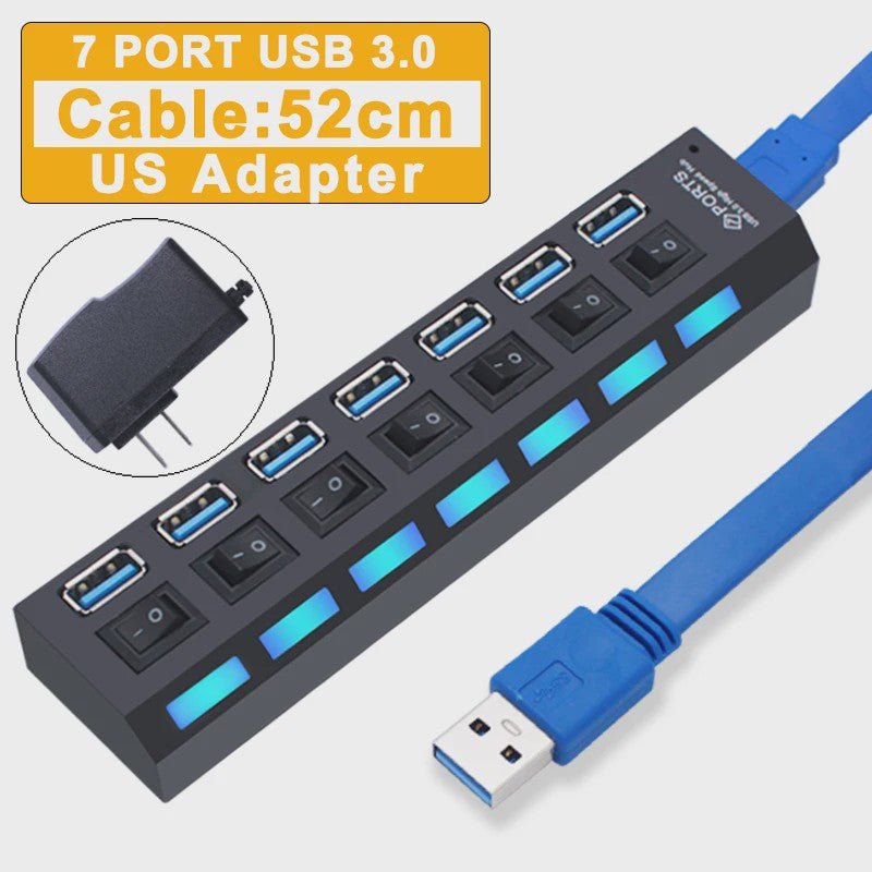 USB Hub 3.0/2.0 met 4 of 7 poorten, individuele schakelaars en LED-indicatoren