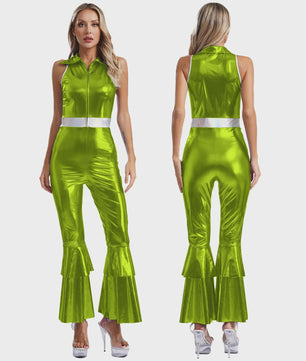 Dames Jumpsuit 70s Disco Metallic Met Wijde Pijpen en Flare Mouwen