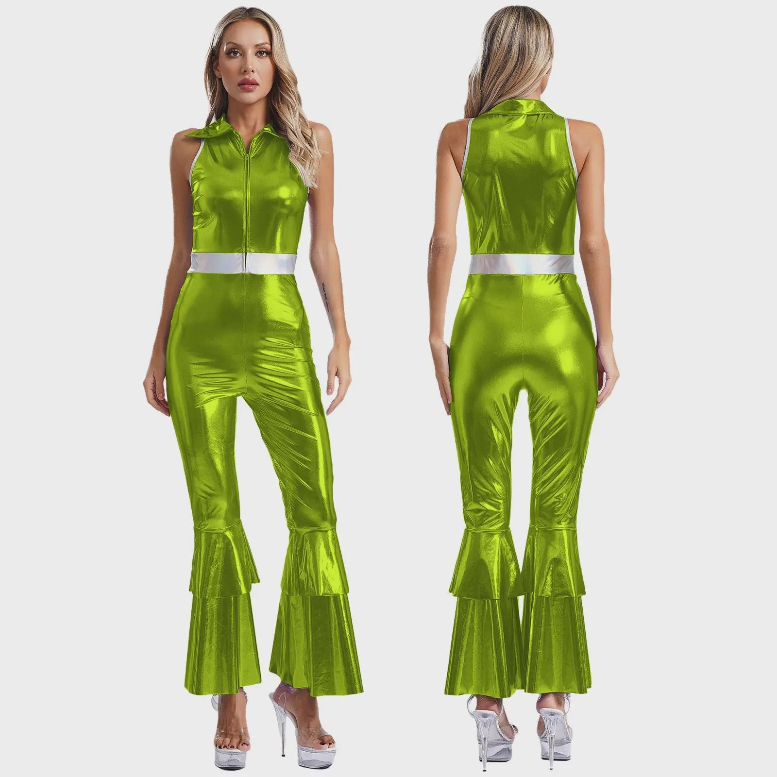 Dames Jumpsuit 70s Disco Metallic Met Wijde Pijpen en Flare Mouwen