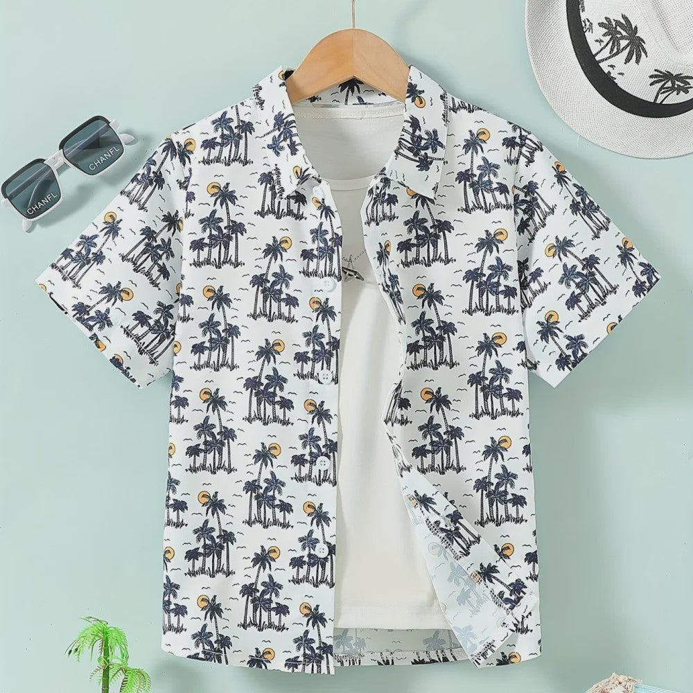 Kinder Hawaii Blouse Korte Mouw met Palmbomen Print - Perfect voor Vakantie en Buitenplezier