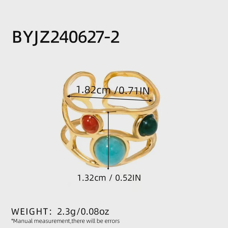 Bohemian Ringen met Natuursteen (Turquoise & Malachiet) - Goudkleurig Staal