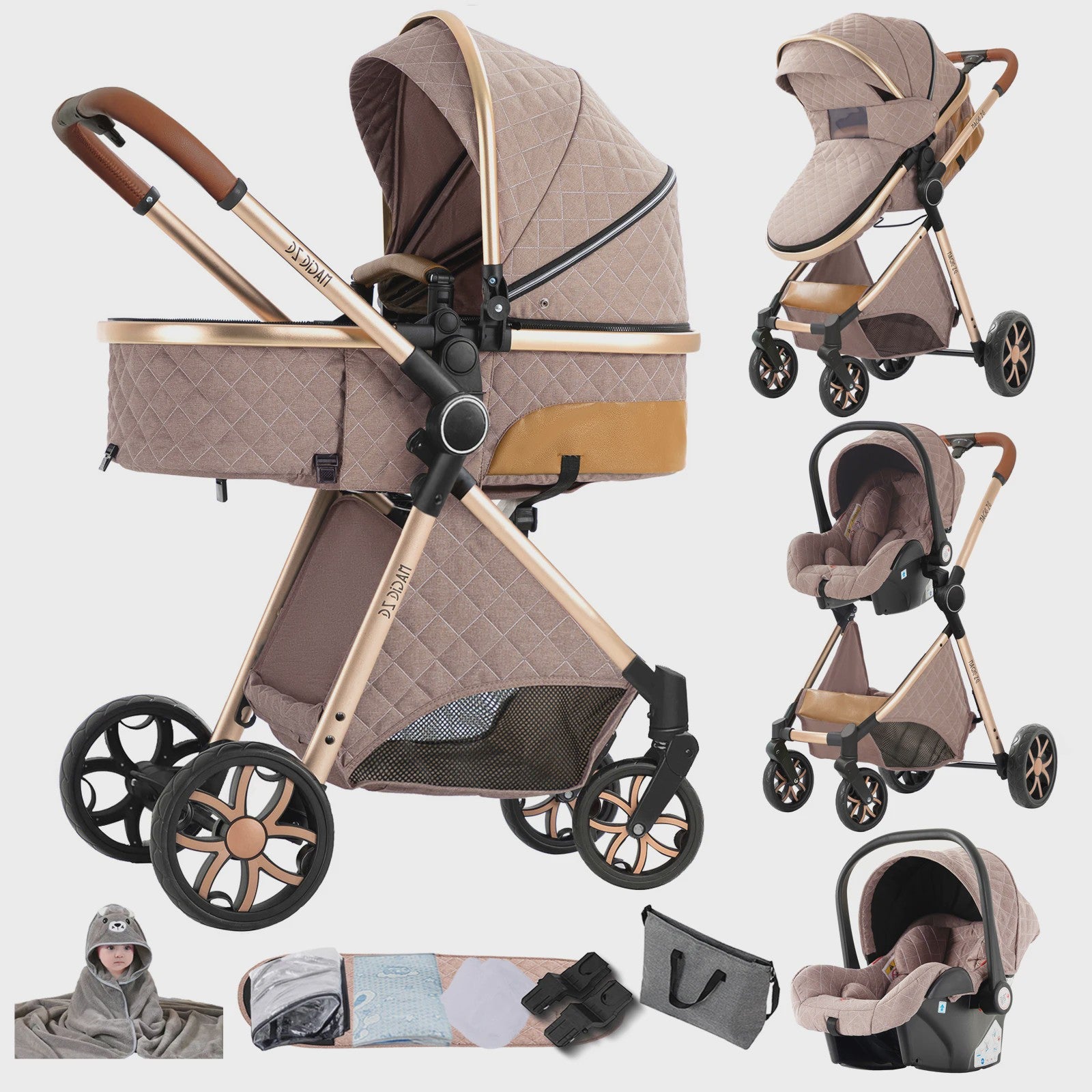 Magic ZC Premium 3-in-1 Baby Reiswieg & Kinderwagen Set - Luxe Beige, Compact, Inclusief Autostoel & Draagmand, Geschikt Vanaf Geboorte