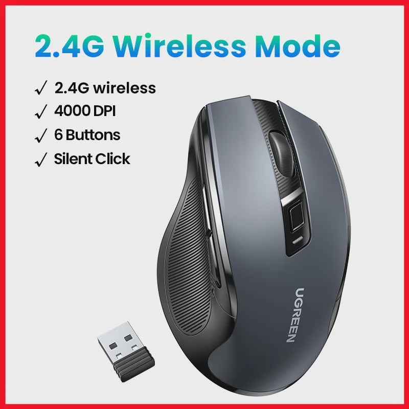 UGREEN Ergonomische Draadloze Muis: Bluetooth 5.0 & 2.4G, 4000 DPI, Stille Knoppen