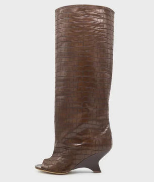 Dames Laarzen met Peep-toe, Hoge Schuine Hak en Kniehoge Schacht - Zomer/Lente Collectie