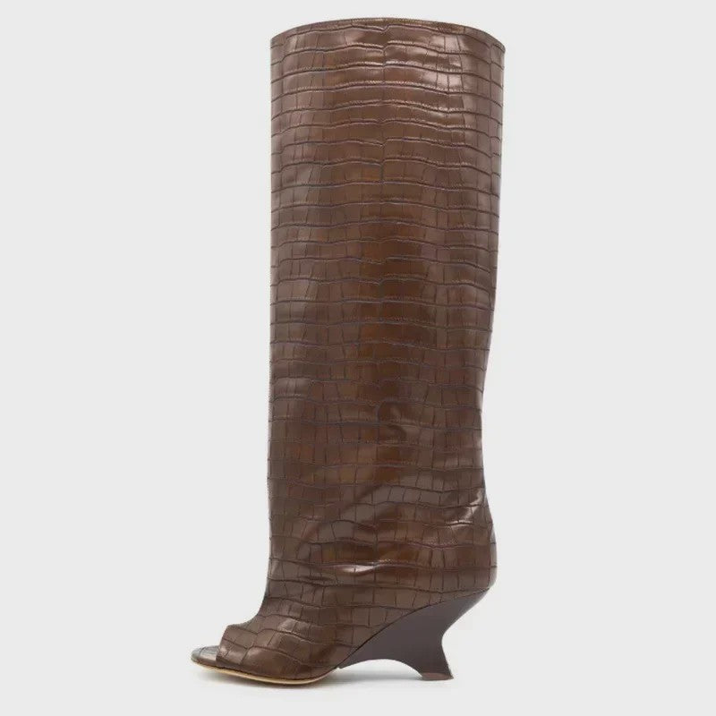 Dames Laarzen met Peep-toe, Hoge Schuine Hak en Kniehoge Schacht - Zomer/Lente Collectie