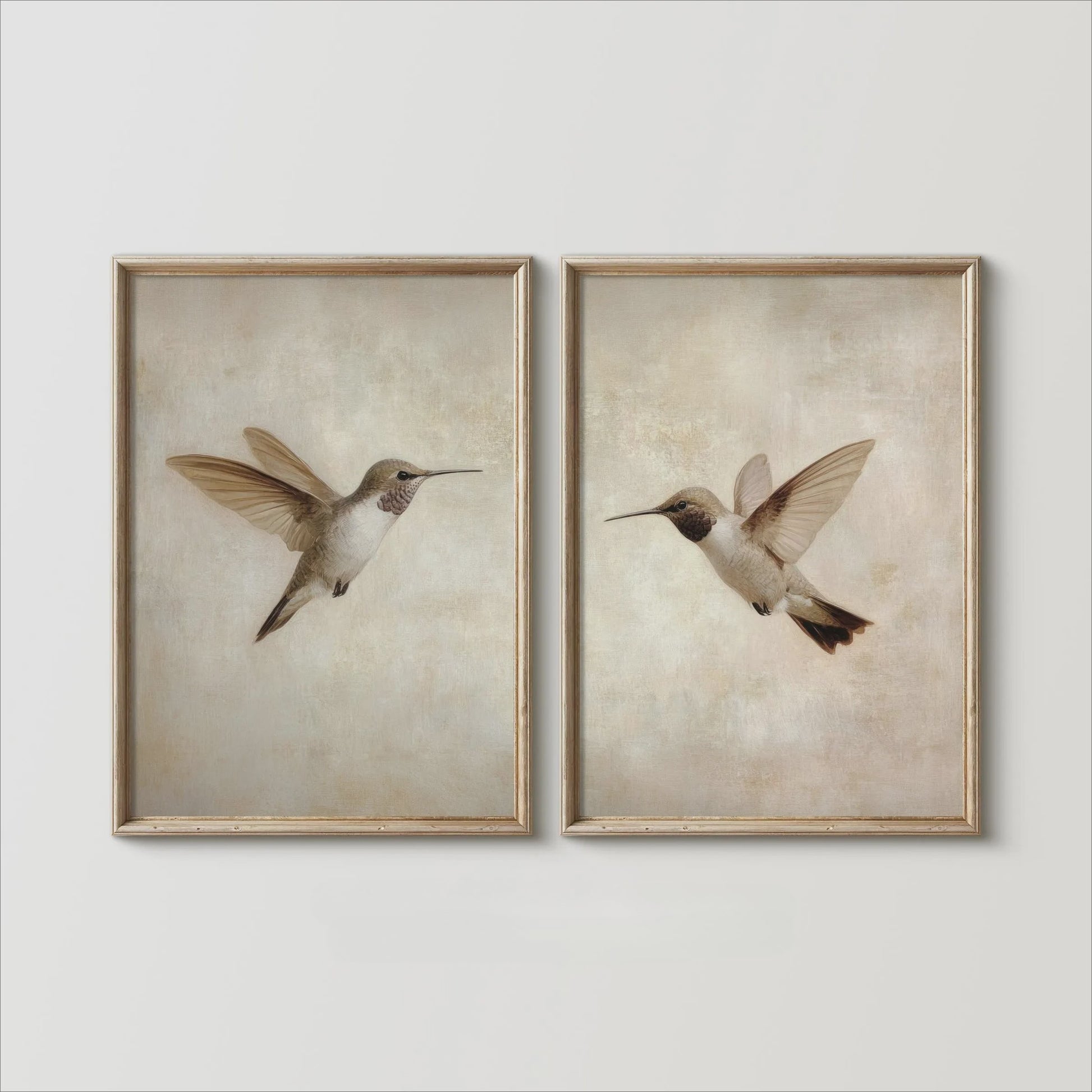 Set van 2 Frameloze Retro Kolibrie Canvas Posters - Landelijke Stijl Wanddecoratie