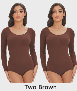 POKARLA Spandex Elastic Body Suit Shapewear Women Body Shaper Tummy Control Long Sleeve Open Crotch Round Neck Seamless Shapers