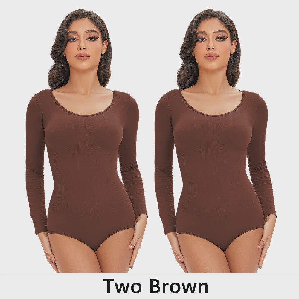 POKARLA Spandex Elastic Body Suit Shapewear Women Body Shaper Tummy Control Long Sleeve Open Crotch Round Neck Seamless Shapers