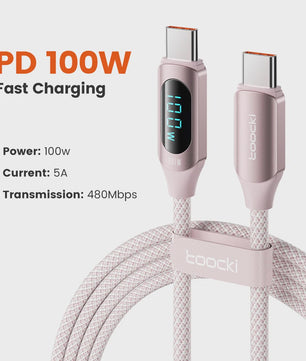 Toocki USB-C naar USB-C Kabel 100W PD Fast Charging met Digitaal Display