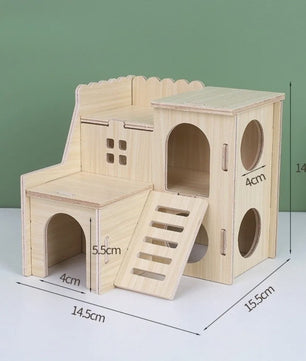 Houten Hamster Villa: Speelhuis met Klimplatform en Verhoogd Platform - Duurzaam Knaagdier Accessoire