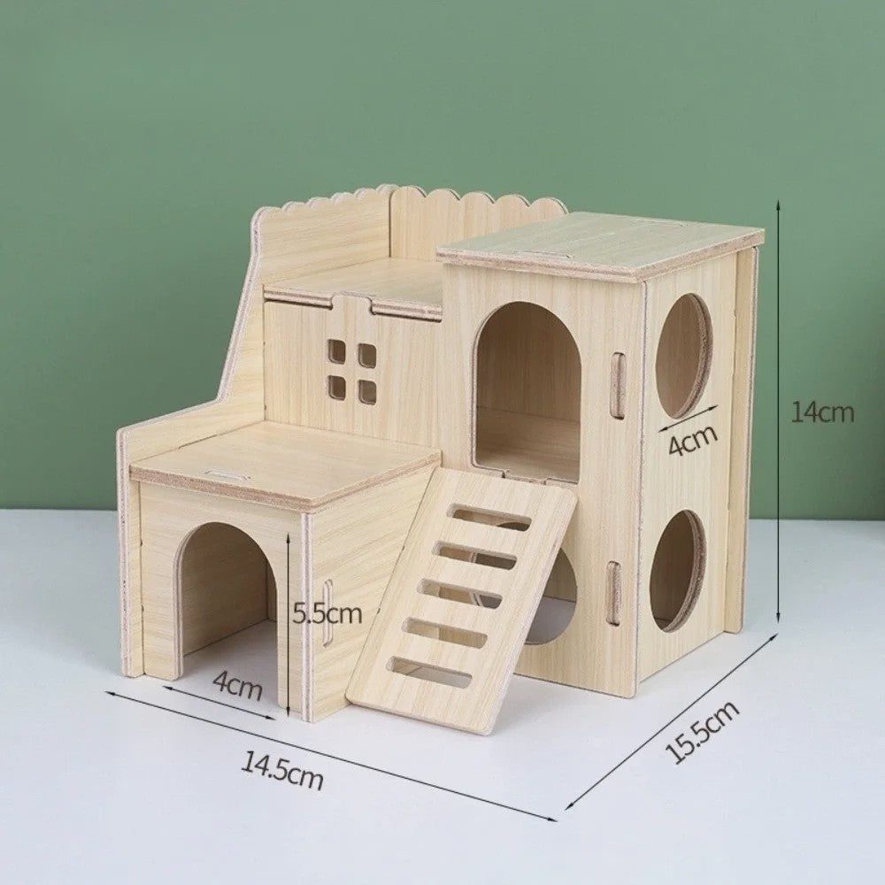 Houten Hamster Villa: Speelhuis met Klimplatform en Verhoogd Platform - Duurzaam Knaagdier Accessoire