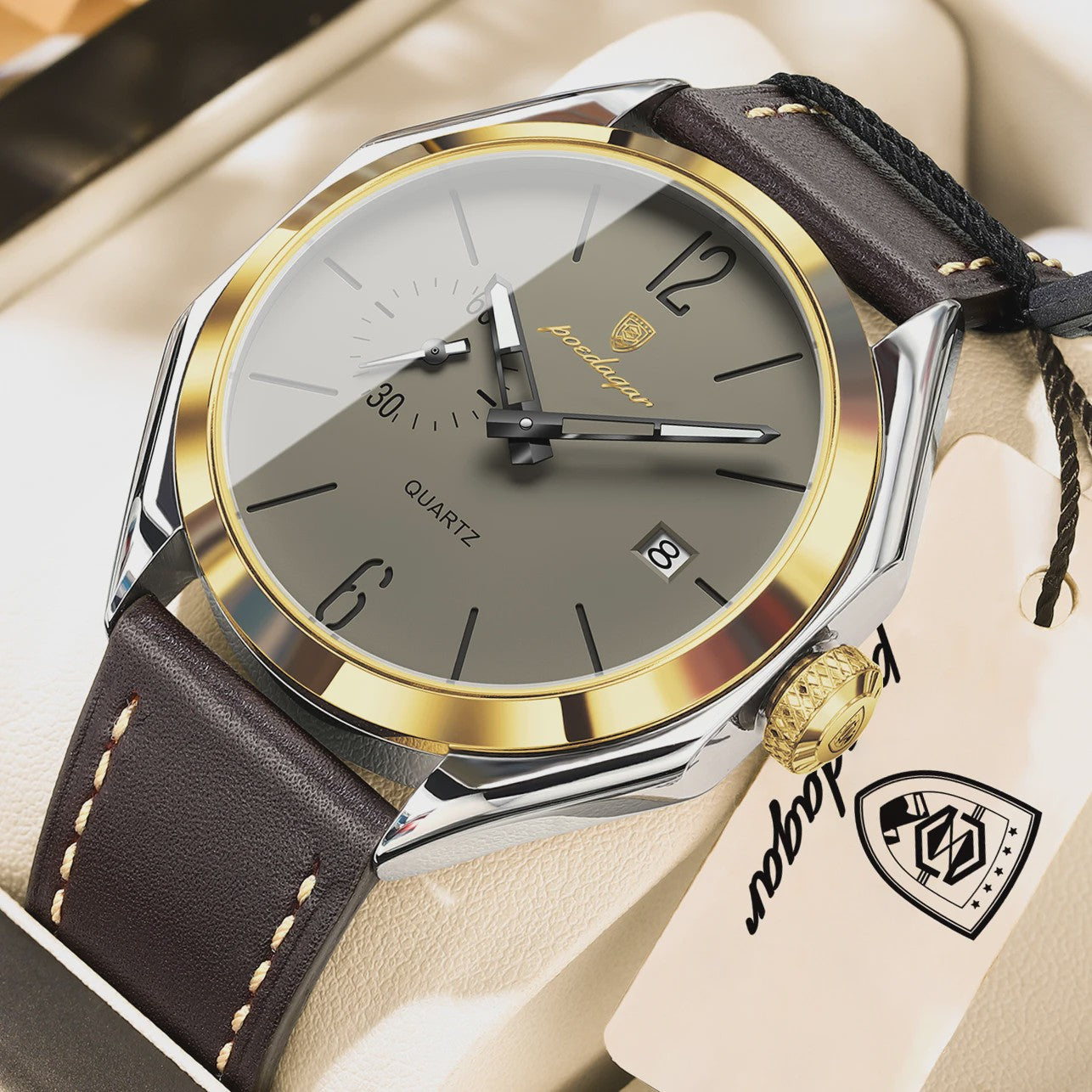 POEDAGAR Herenhorloge Leer - Zakelijk & Casual Kwarts Horloge met Datum & Waterdicht