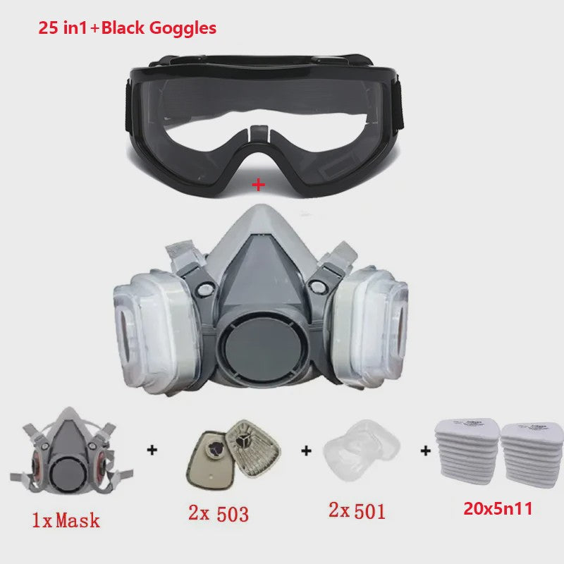 Half Gelaat Stofmasker Set met 503 Deeltjesfilters en Veiligheidsbril - Ideaal voor Industrie, Verfspuiten en Slijpen