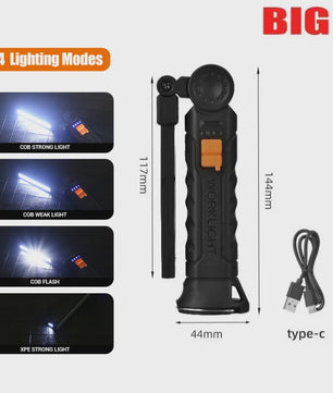 360° Draaibare LED Werklamp met 5 Modi, USB Oplaadbaar, Magneetvoet & Haak