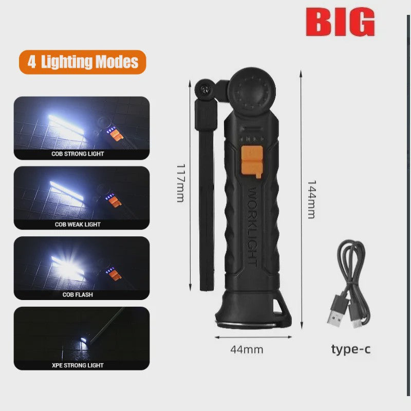 360° Draaibare LED Werklamp met 5 Modi, USB Oplaadbaar, Magneetvoet & Haak