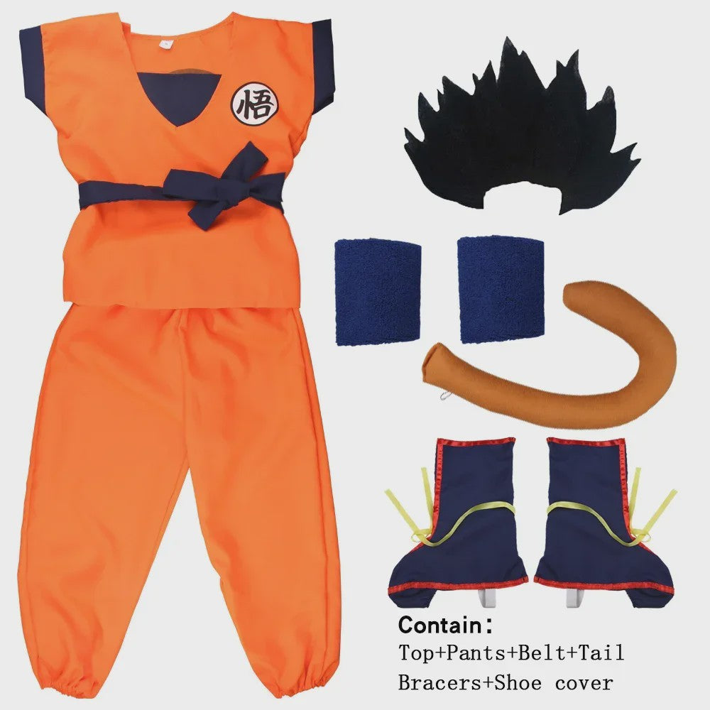 Son Goku Kinderkostuum met Pruik en Staart - Anime Cosplay Feestkostuum