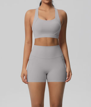 Dames Yoga Set: Sportieve Kleding met Hoge Taille Shorts en Sportbeha met Zakken