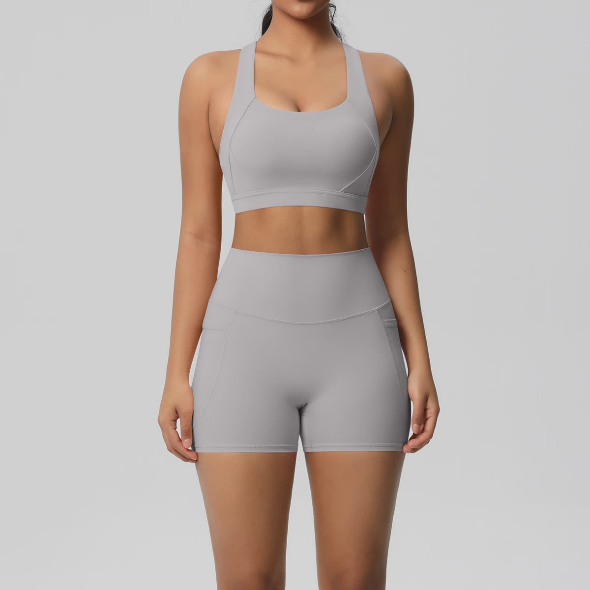 Dames Yoga Set: Sportieve Kleding met Hoge Taille Shorts en Sportbeha met Zakken