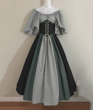 Middeleeuwse Retro Jurk met Contrastkleuren en Off-Shoulder Halslijn