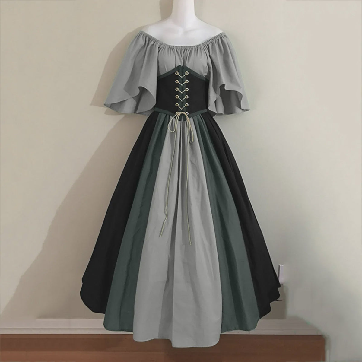 Middeleeuwse Retro Jurk met Contrastkleuren en Off-Shoulder Halslijn