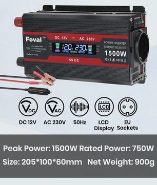 Krachtige 1500W-3000W Auto Omvormer (DC12V/24V naar AC230V) met LCD, USB & EU-stopcontact