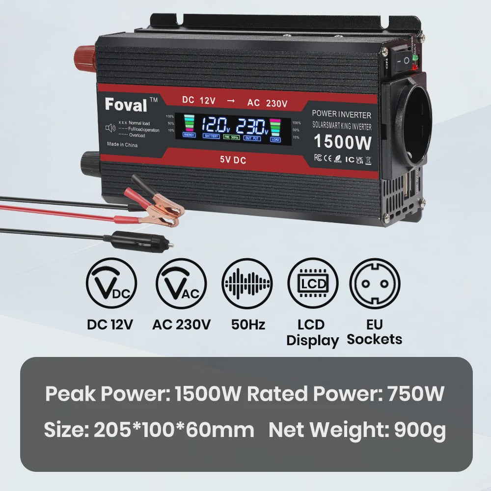 Krachtige 1500W-3000W Auto Omvormer (DC12V/24V naar AC230V) met LCD, USB & EU-stopcontact