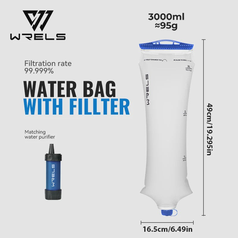 WRELS Opvouwbare Waterfilter Zak - Outdoor Waterzuivering, BPA-Vrij, Ideaal voor Survival