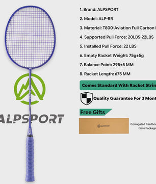 ALPSPORT RR Carbon Fiber Badminton Racket Set (2 stuks) - Offensief, 26LBS, Inclusief Tas & Shuttlecock - Ideaal voor Tieners