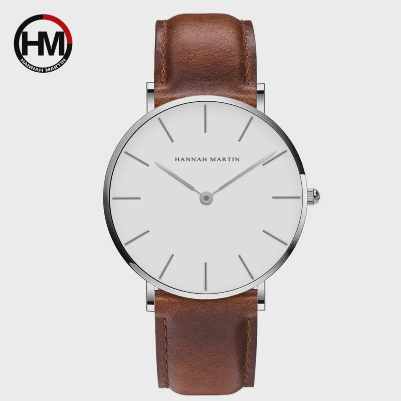 Hannah Martin Herenhorloge - Stijlvol Zilver & Bruin Leer, Waterdicht Quartz Dress Watch